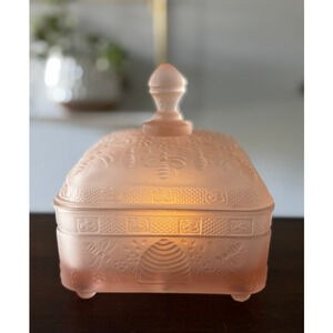 Indiana Glass Pink Bee Box Frosted Honey Jar w Lid Vintage